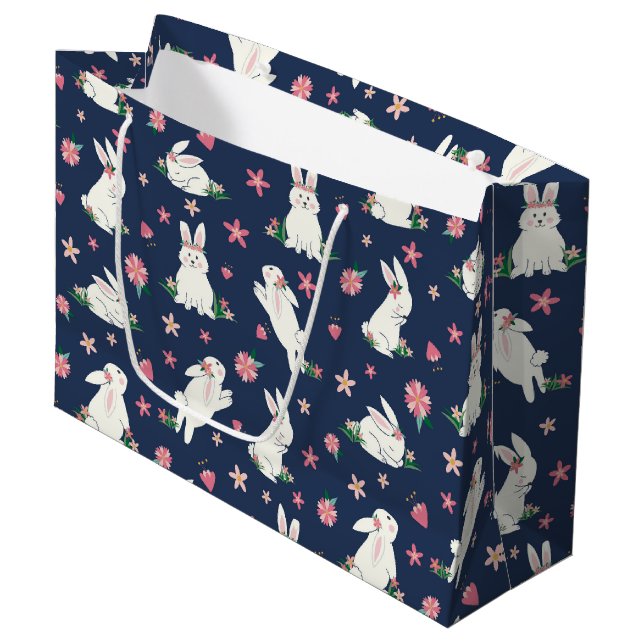 Grand Sac Cadeau Jolie fille Lapin de Pâques lapin bleu moderne ros (Devant Angle)