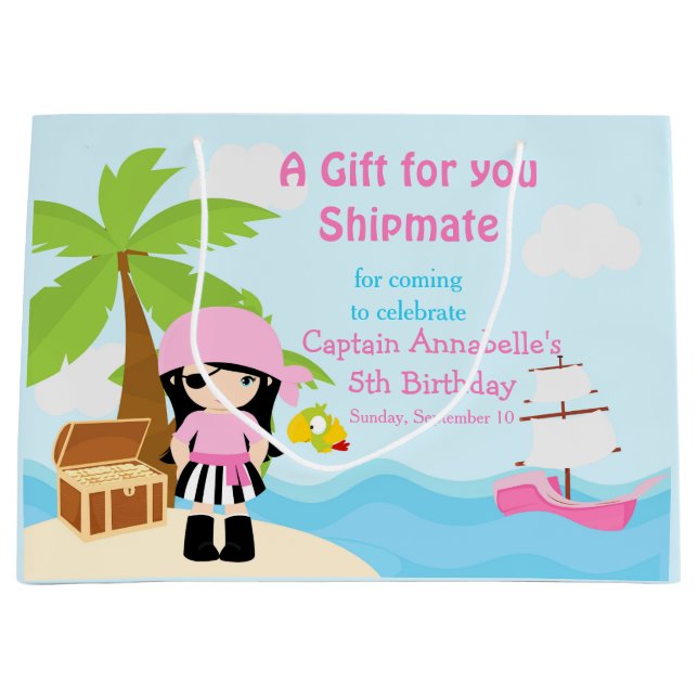 Grand Sac Cadeau Jolie fille pirate de cheveux noirs en rose Annive (Devant)