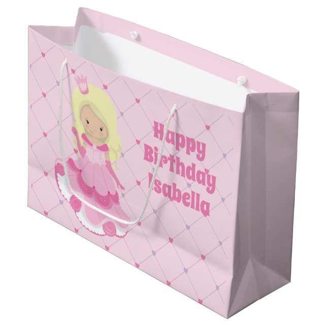 Grand Sac Cadeau Jolie princesse Blonde rose Filles personnalisées  (Devant Angle)
