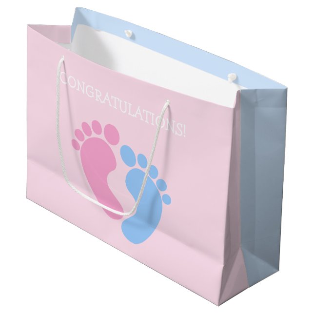 Grand Sac Cadeau Jolie rose et bleu bébé pieds félicitations (Devant Angle)