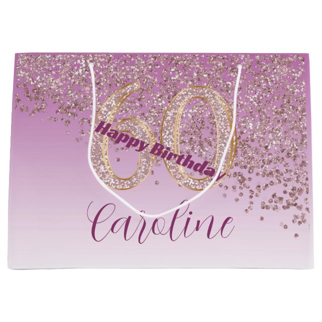 Grand Sac Cadeau Jolie Rose Parties scintillant or 60e anniversaire (Devant)