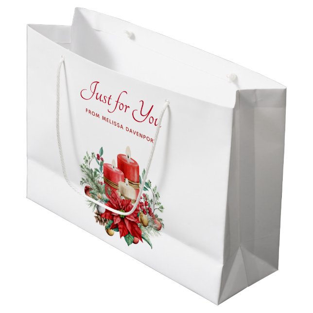 Grand Sac Cadeau Jolies bougies et bouquet Poinsettia Noël (Devant Angle)