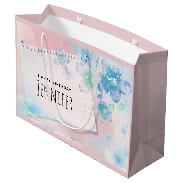 Grand Sac Cadeau Jolies fleurs bleues sur rose Arrière - plan Anniv (Dos Angle)