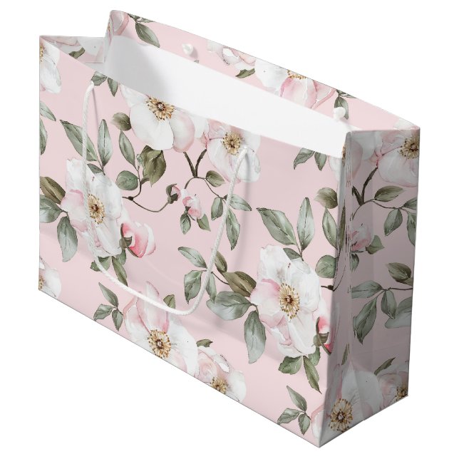 Grand Sac Cadeau Jolies Fleurs Roses Blanches Teintées De Rose Pour (Devant Angle)
