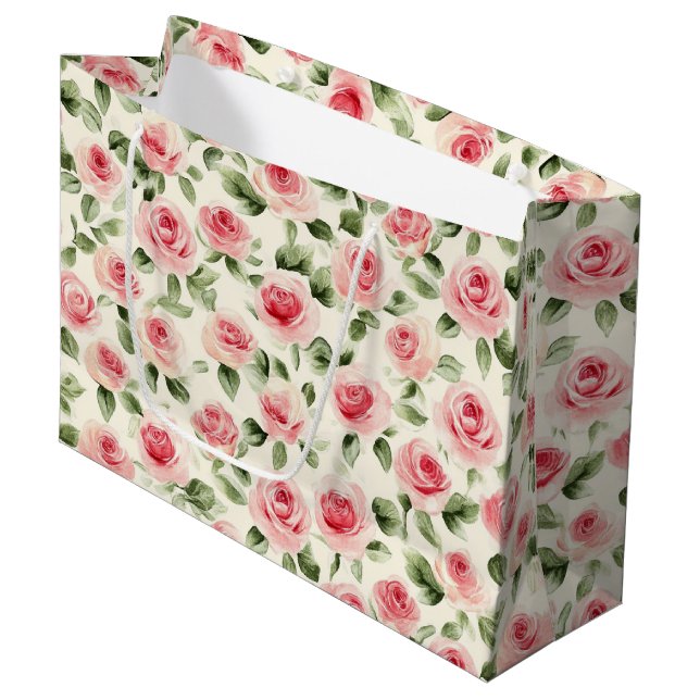 Grand Sac Cadeau Jolies Roses Roses Florales Fête de Mariage (Devant Angle)