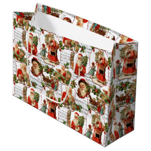 Grand Sac Cadeau Jolly Vintage Père Noël, Holly & Music Collage