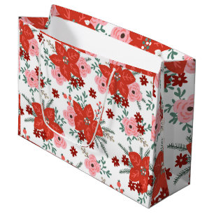 Grand Sac Cadeau Jote Retro Poinsettia Fleur Motif Noël