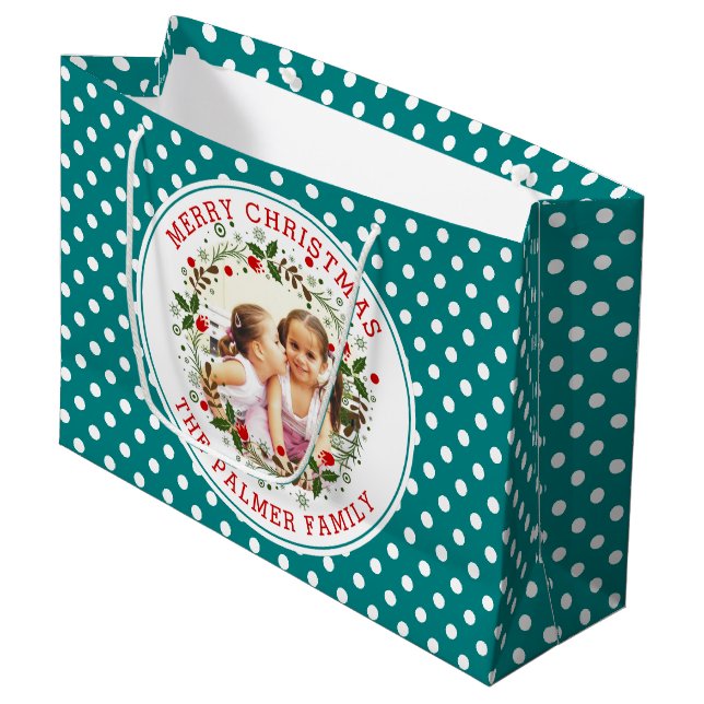 Grand Sac Cadeau Joyeuse couronne de Noël turquoise point bleu phot (Devant Angle)