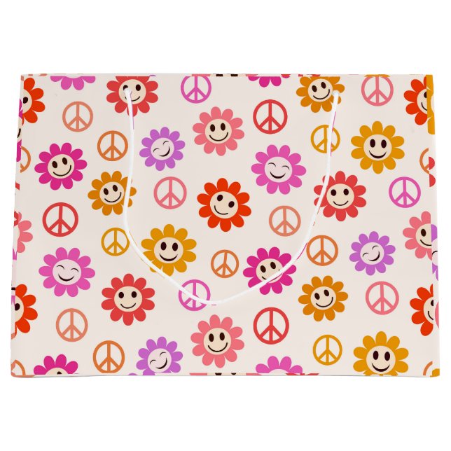 Grand Sac Cadeau Joyeuses Fleurs souriantes motif avec des signes d (Devant)