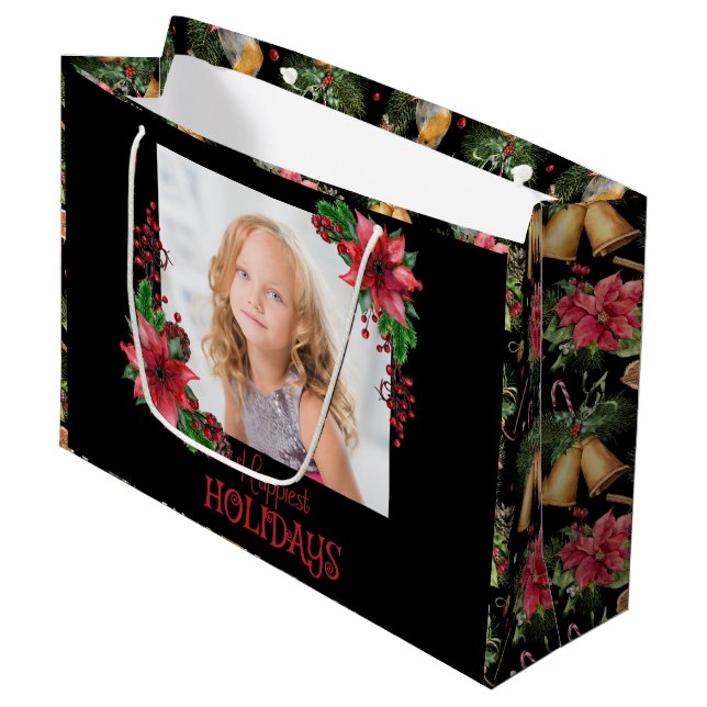Grand Sac Cadeau Joyeuses vacances Poinsettia Noël (Devant Angle)