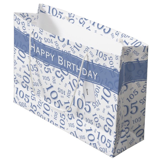 Grand Sac Cadeau Joyeux 105e anniversaire bleu et blanc Motif numér (Devant Angle)