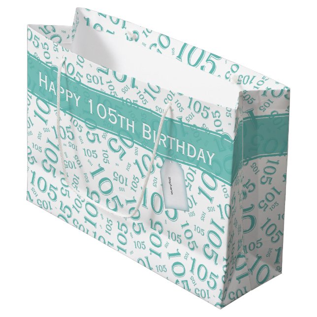 Grand Sac Cadeau Joyeux 105e anniversaire Turquoise Motif nombre al (Devant Angle)