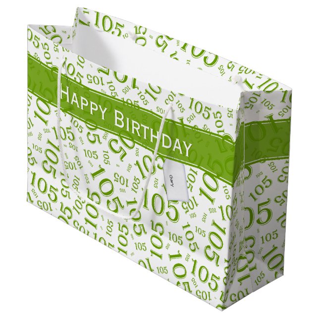Grand Sac Cadeau Joyeux 105e anniversaire Vert/Blanc Motif numériqu (Devant Angle)