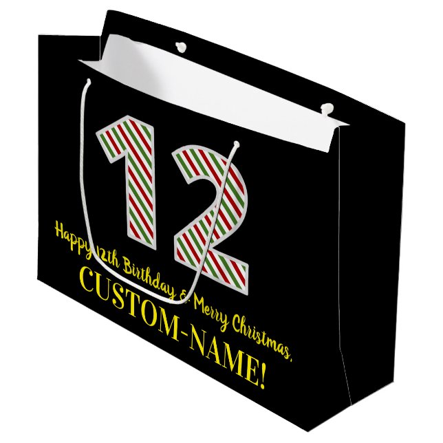 Grand Sac Cadeau Joyeux 12e anniversaire & Joyeux Noël, Nom personn (Devant Angle)