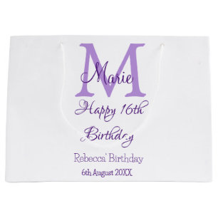Grand Sac Cadeau Joyeux 16e anniversaire violet ajouter nom monogra