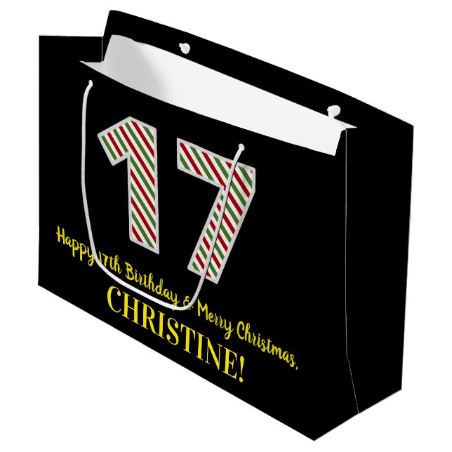 Grand Sac Cadeau Joyeux 17e anniversaire & Joyeux Noël, Nom personn (Devant Angle)