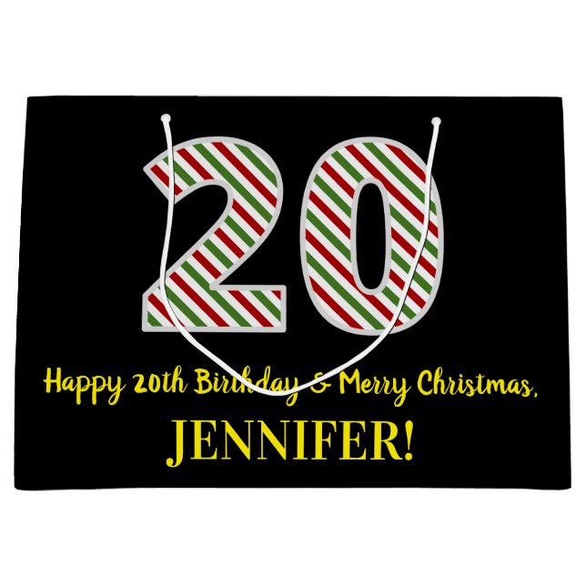 Grand Sac Cadeau Joyeux 20e anniversaire & Joyeux Noël, Nom personn (Devant)
