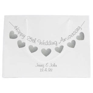 Grand Sac Cadeau Joyeux 25e anniversaire du Mariage Coeurs d'argent