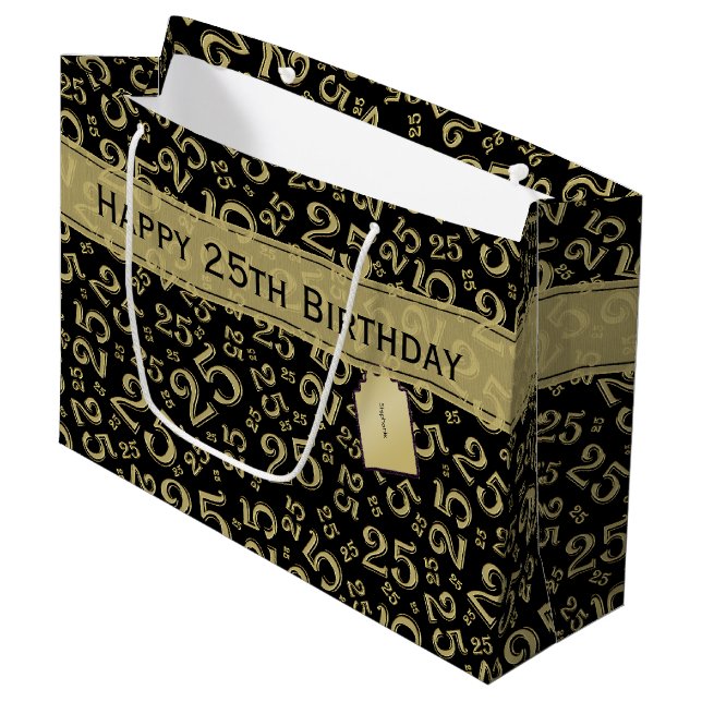 Grand Sac Cadeau Joyeux 25e anniversaire Numéro Motif Black & Gold (Devant Angle)