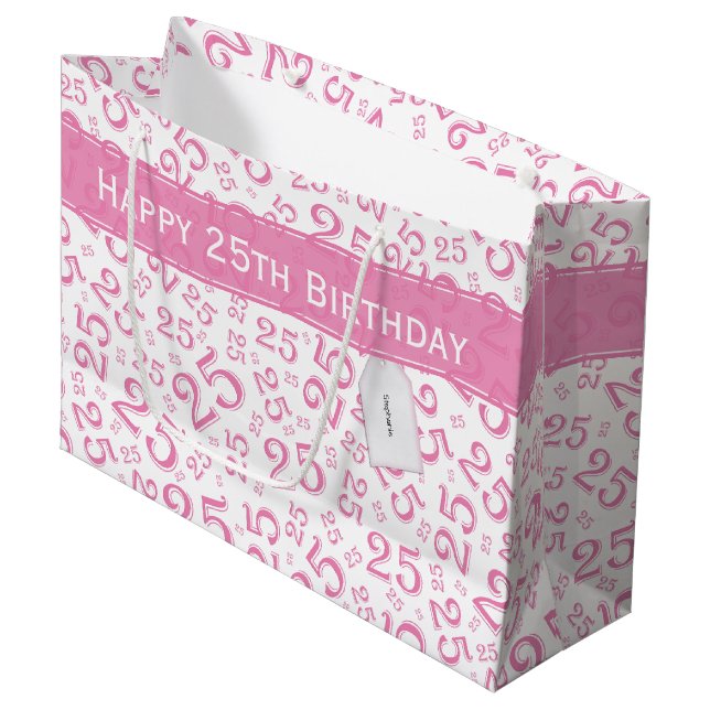 Grand Sac Cadeau Joyeux 25e anniversaire Pink Random Numéro Motif (Devant Angle)