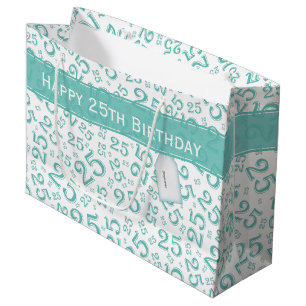 Grand Sac Cadeau Joyeux 25e anniversaire Turquoise Motif nombre alé