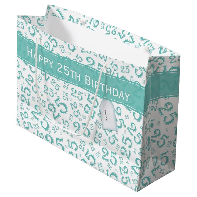 Grand Sac Cadeau Joyeux 25e anniversaire Turquoise Motif nombre alé (Devant Angle)