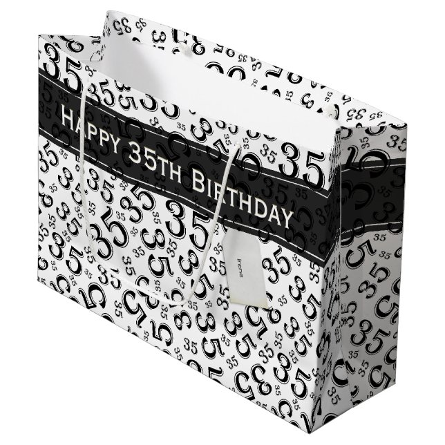 Grand Sac Cadeau Joyeux 35e anniversaire Motif de numéro noir/blanc (Devant Angle)