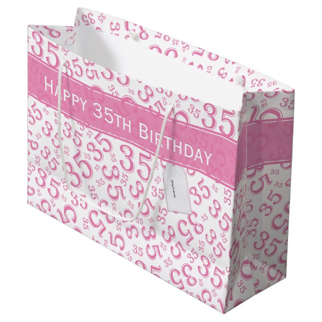 Grand Sac Cadeau Joyeux 35e anniversaire Numéro Motif rose/blanc (Devant Angle)