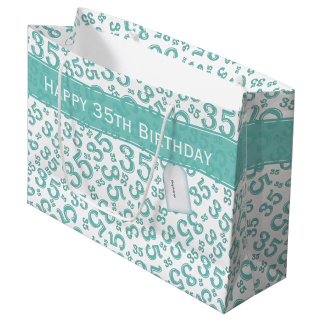 Grand Sac Cadeau Joyeux 35e anniversaire Numéro Motif Turquoise/bla (Devant Angle)