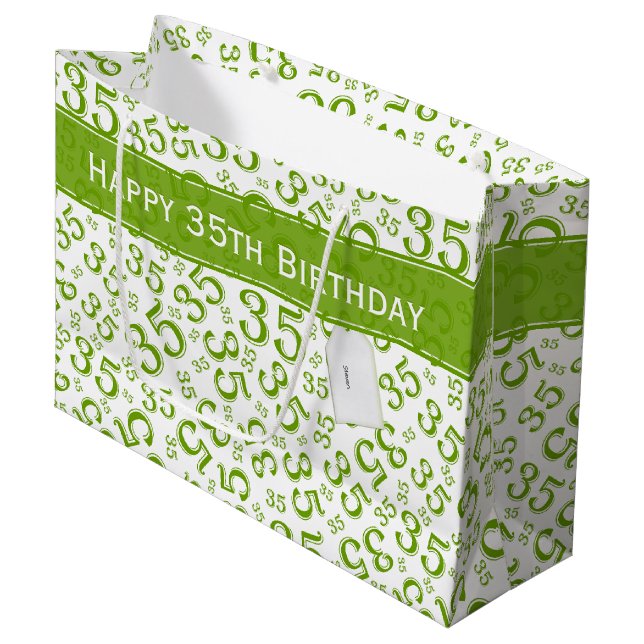 Grand Sac Cadeau Joyeux 35e anniversaire Numéro Motif Vert/Blanc (Devant Angle)