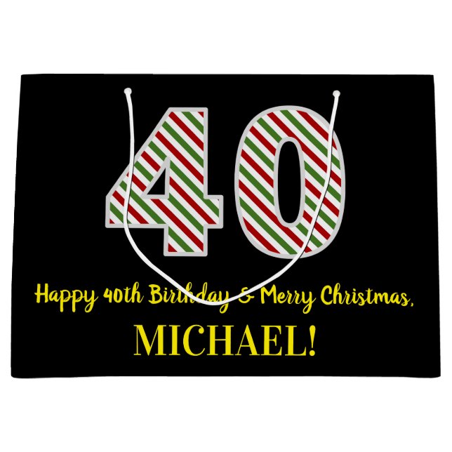 Grand Sac Cadeau Joyeux 40e anniversaire & Joyeux Noël, Nom personn (Devant)
