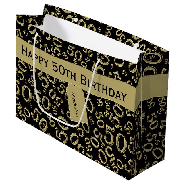 Grand Sac Cadeau Joyeux 50e anniversaire Numéro Motif Noir/Or (Devant Angle)