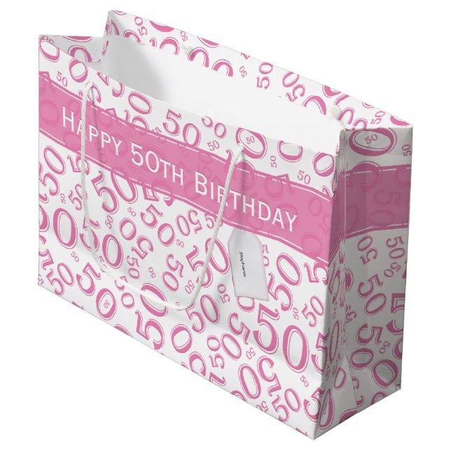 Grand Sac Cadeau Joyeux 50e anniversaire Numéro Motif rose/blanc (Devant Angle)