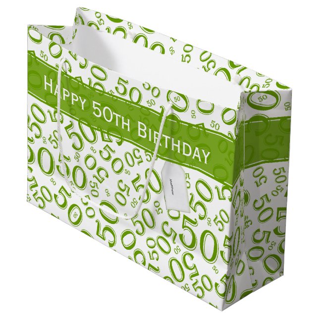 Grand Sac Cadeau Joyeux 50e anniversaire Numéro Motif Vert/Blanc (Devant Angle)