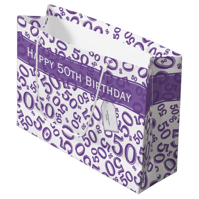 Grand Sac Cadeau Joyeux 50e anniversaire Numéro Motif violet/blanc (Devant Angle)