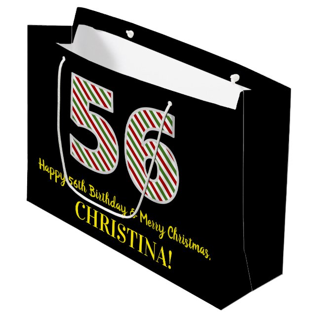 Grand Sac Cadeau Joyeux 56e anniversaire & Joyeux Noël, Nom personn (Devant Angle)