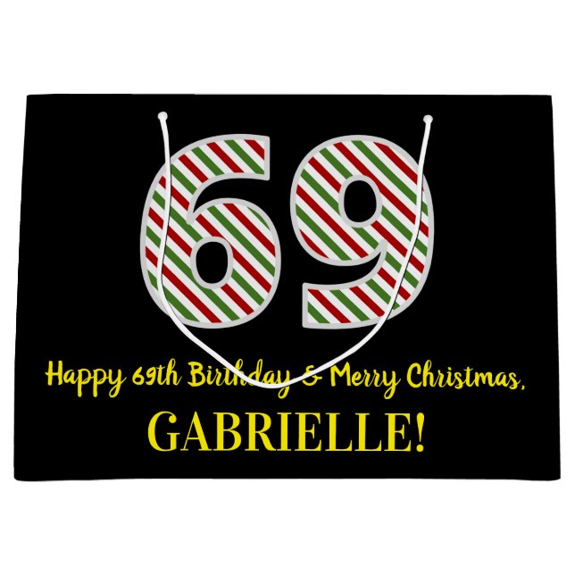 Grand Sac Cadeau Joyeux 69e anniversaire & Joyeux Noël, Nom personn (Devant)
