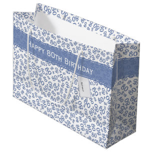 Grand Sac Cadeau Joyeux 80e anniversaire bleu et blanc Motif numéri