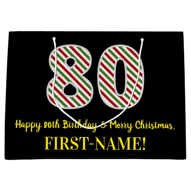 Grand Sac Cadeau Joyeux 80e anniversaire & Joyeux Noël, Nom personn (Devant)