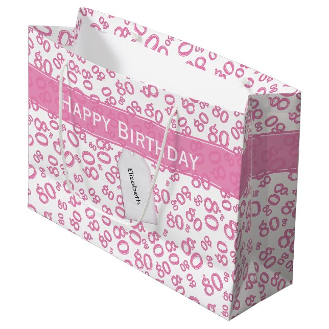 Grand Sac Cadeau Joyeux 80e anniversaire Motif de numéro rose et bl (Devant Angle)