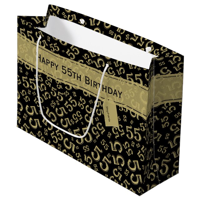 Grand Sac Cadeau Joyeux Anniversaire Âge 55 Numéro Motif Noir/Or (Devant Angle)