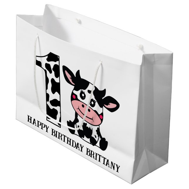 Grand Sac Cadeau Joyeux anniversaire ajouter nom ferme vache enfant (Devant Angle)