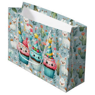 Grand Sac Cadeau Joyeux Anniversaire Alpaca et Cupcakes
