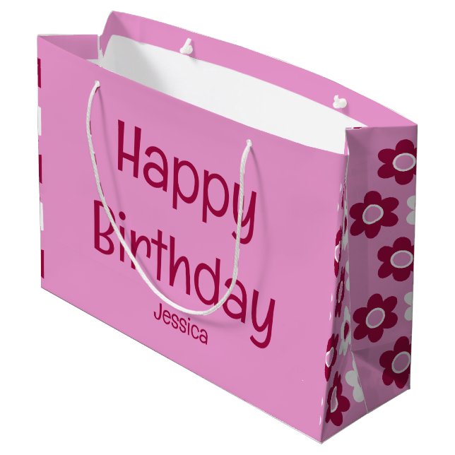 Grand Sac Cadeau Joyeux anniversaire avec nom Fleurs roses Floral (Dos Angle)