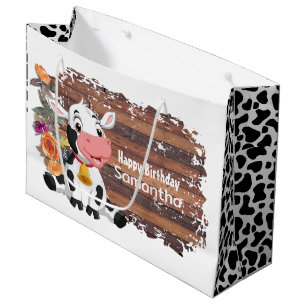 Grand Sac Cadeau Joyeux anniversaire bébé vache rustique Brown