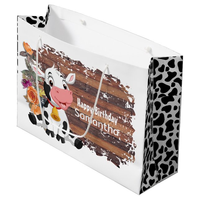 Grand Sac Cadeau Joyeux anniversaire bébé vache rustique Brown (Devant Angle)