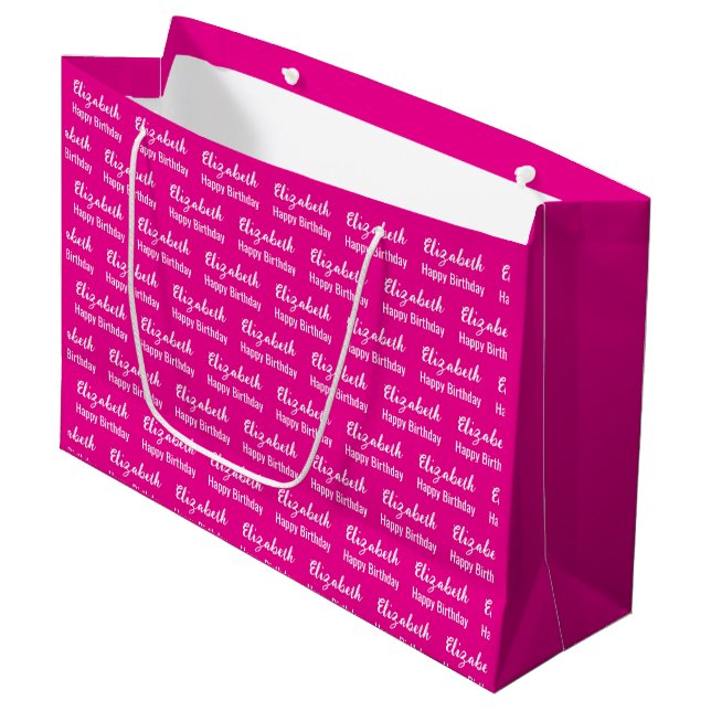 Grand Sac Cadeau Joyeux Anniversaire Blanc Nom Script Hot Rose (Devant Angle)