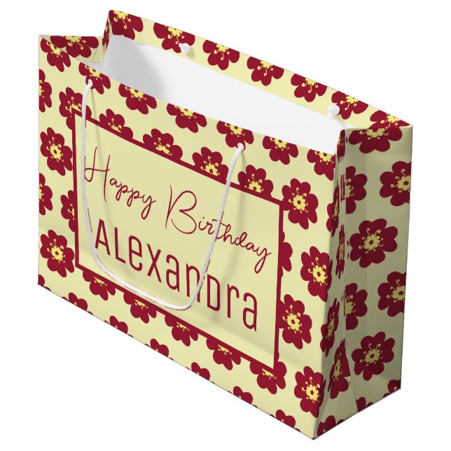 Grand Sac Cadeau Joyeux anniversaire Bourgogne en fleurs (Devant Angle)