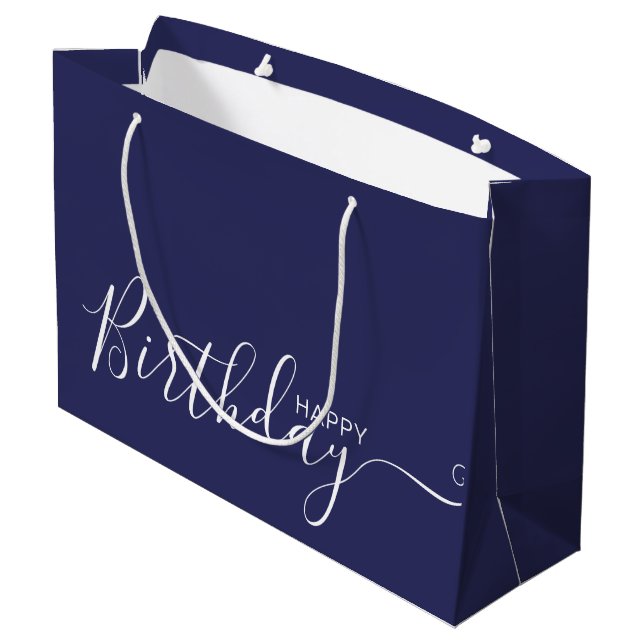 Grand Sac Cadeau Joyeux anniversaire Marine Bleu Blanc Élégant  (Dos Angle)