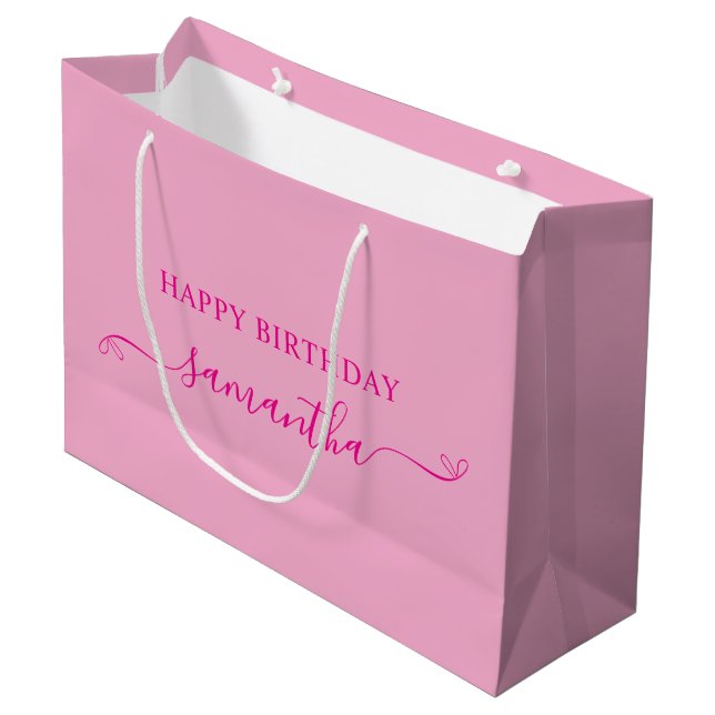 Grand Sac Cadeau Joyeux anniversaire mignon Bow Signature Nom Rose (Devant Angle)